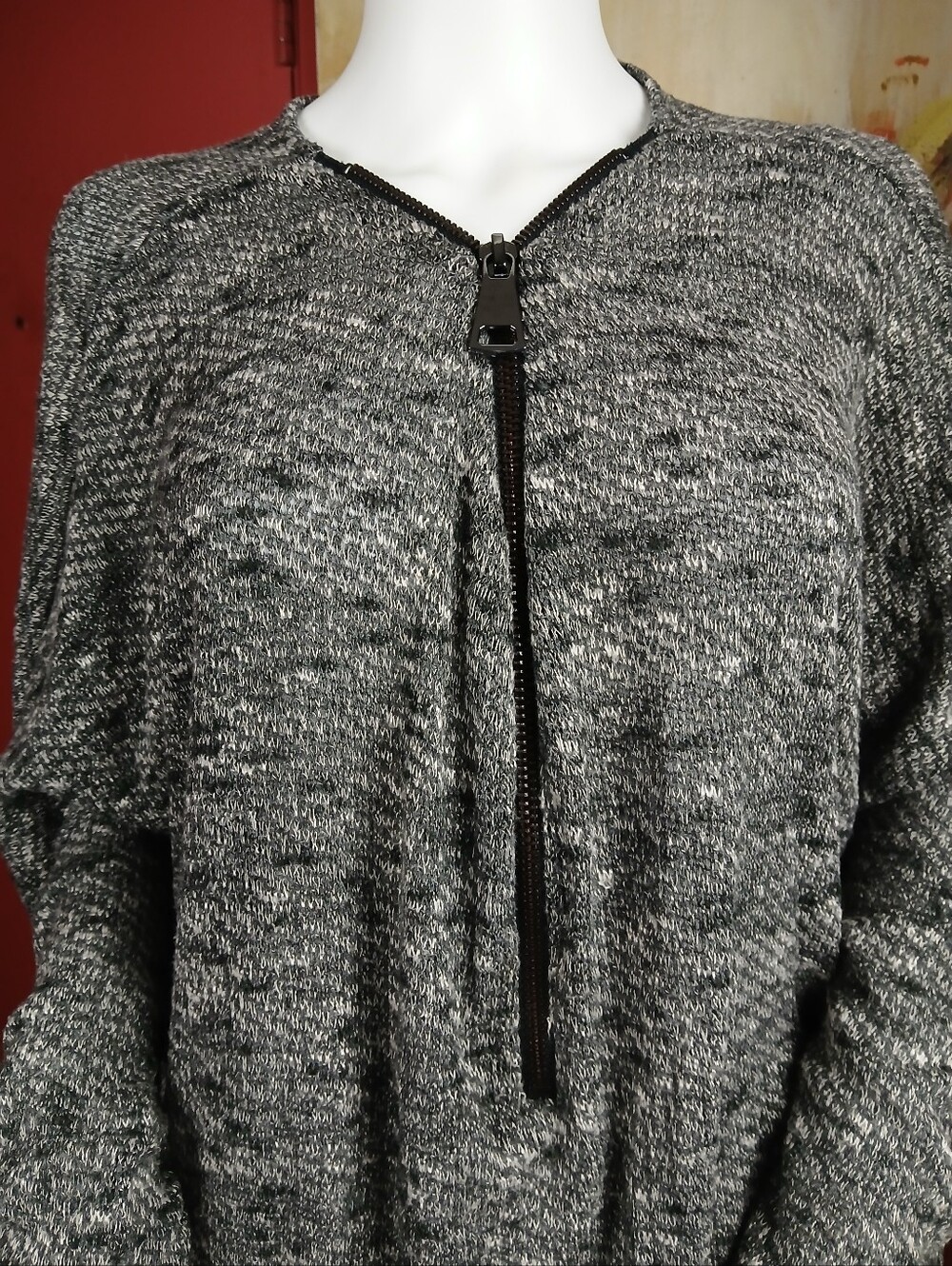 Chelsea & Theodore Black and Gray Marled Half-Zip Crew Sweater